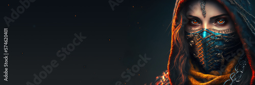 Mysterious Ranger warrior female wearing a hooded on dark background.  Banner in cyberpunk style whit space for text. Created with generative ai photo