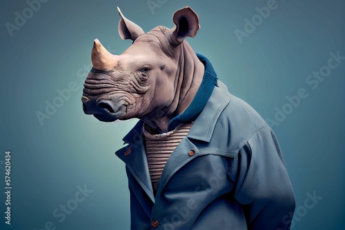 Rhinoceros wearing human clothing. Solid color background, studio style. Portrait photo. Generative AI. 
