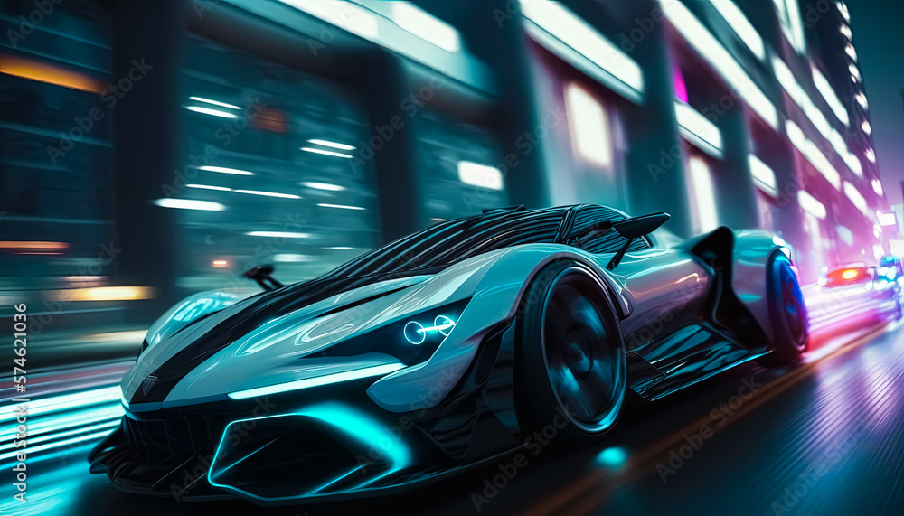 Fototapeta premium Generative AI illustration of a Luxury Sport Car Racing Through City Streets at night, futuristic car drive fast