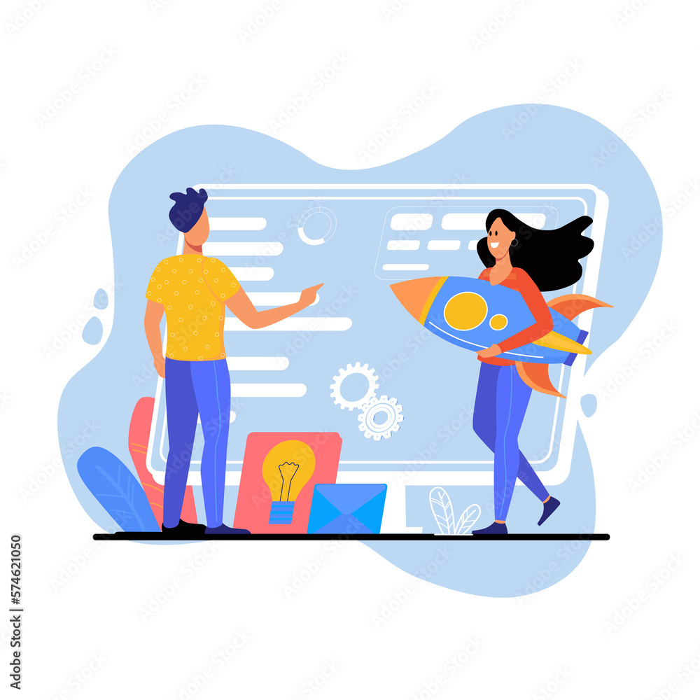 Startup blue concept with people scene in the flat cartoon design. Two friends work on creating a cool ideas for startup. Startup blue concept with people scene in the flat cartoon design. Two friends work on creating a cool ideas for startup.