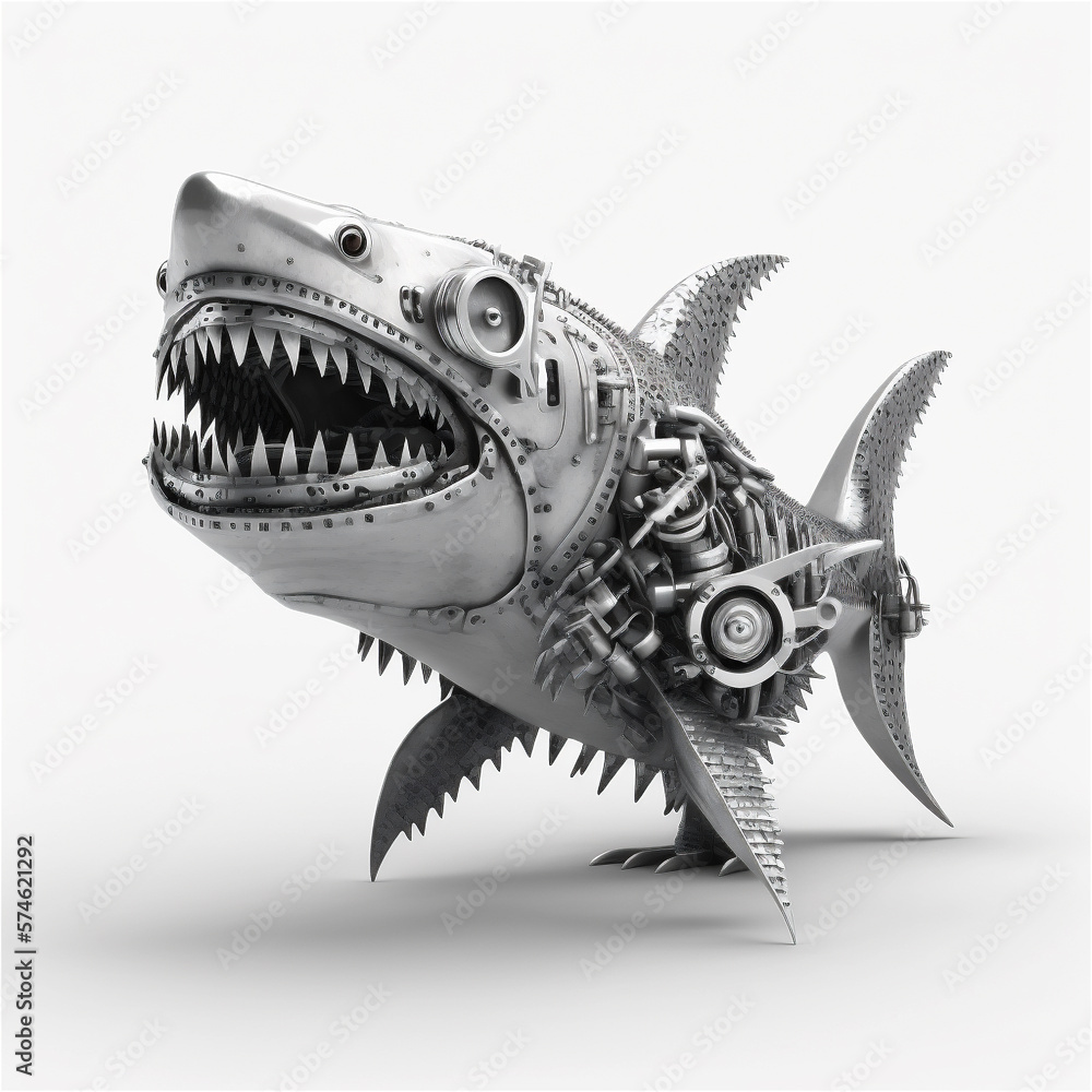 Fototapeta premium Shark robot from car engine parts isolated on white