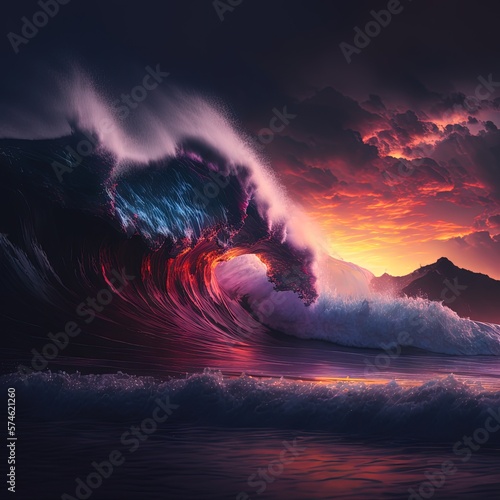 Big Sea Wave  Surf Concept  Ocean Waves at Sunset  Big Sunny Sea Wave Abstract Generative AI Illustration