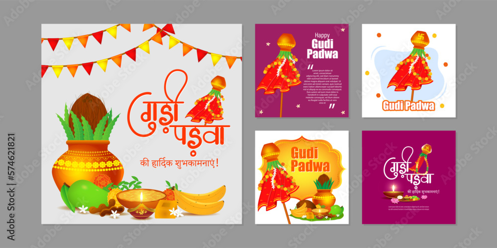 Vector illustration of Happy Gudi Padwa social media story feed set mockup template Vector illustration of Happy Gudi Padwa social media story feed set mockup template