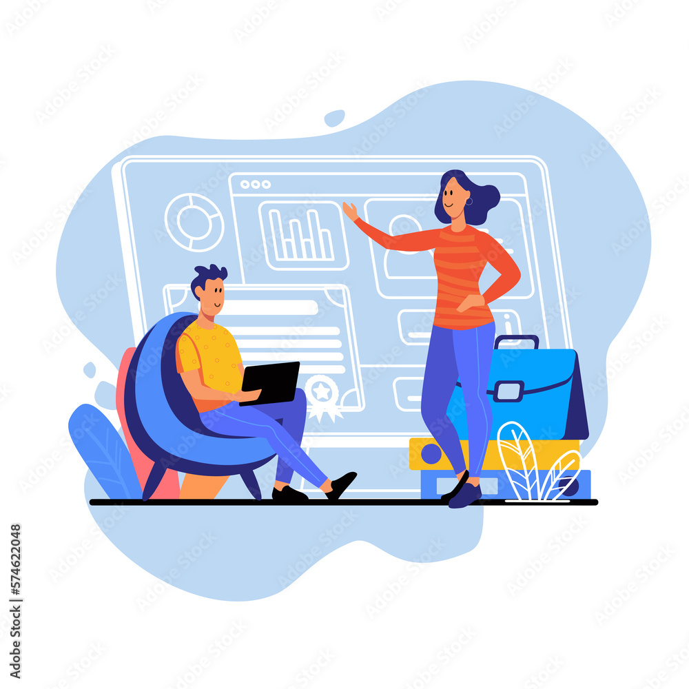 Blue concept Business success with people scene in the flat cartoon design. Two business partners discus success of their company. Blue concept Business success with people scene in the flat cartoon design. Two business partners discus success of their company.