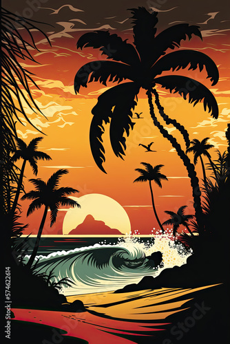 Silhouette palm tree on beach under sunset sky background. Orange color. Generative AI