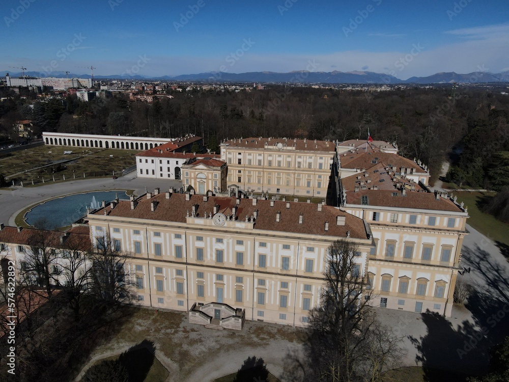 Aerial view of facade of the elegant Villa Reale in Monza, Lombardy, north Italy. Birds eye of the beautiful Royal Palace of Monza. Drone photography in Lombardia.