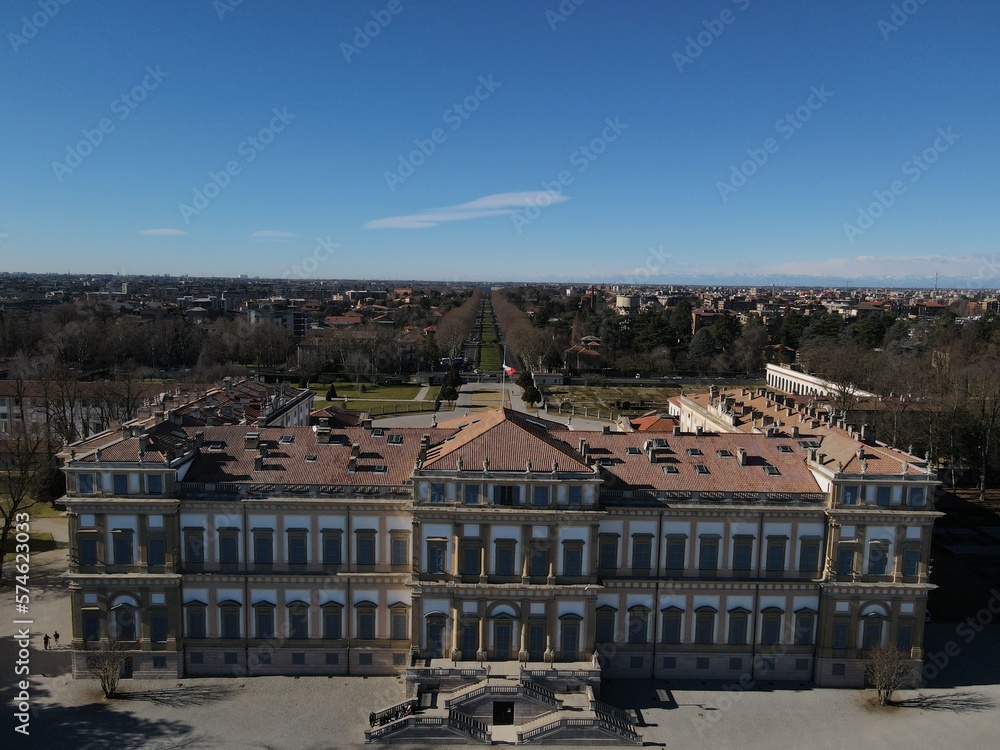 Aerial view of facade of the elegant Villa Reale in Monza, Lombardy