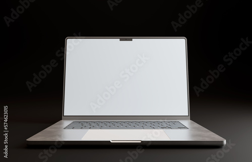 Macbook pro style mockup laptop on empty black studio background. Template empty screen.