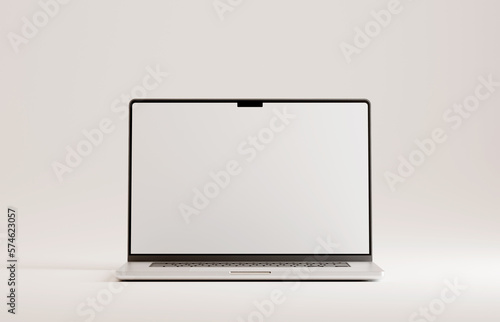 Macbook pro style mockup laptop on blank white studio background. Template empty white screen.
