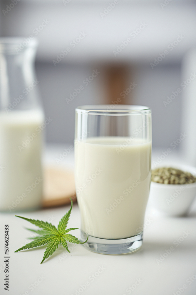 Vegan hemp milk on a white table. Generative AI Vegan hemp milk on a white table. Generative AI