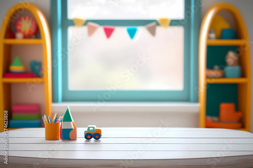 Empty table with blurred children room. Generative ai design.