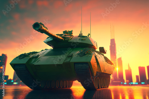 Modern futuristic battle tank with turret and cannon in city center. Neural network AI generated art photo