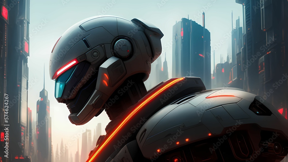 Fototapeta premium robot android cyborg machine futuristic in the cyberpunk city, digital art style