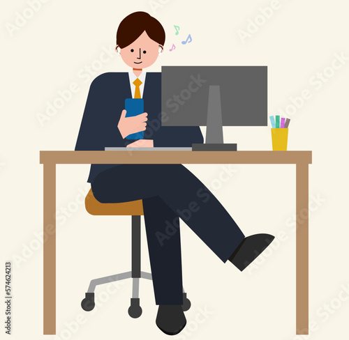 若手社員の男性がデスクでスマホを見ながら音楽を聴いているイラスト