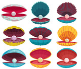 Pearls in seashell. Open seashells scallop and pearl shell icons set in various form and colors. Beautiful pearls in clam shells in cartoon flat style.  illustration isolated on white background