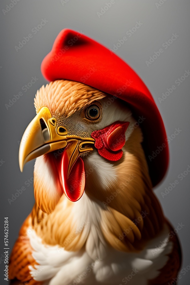 portrait of a rooster in a hat