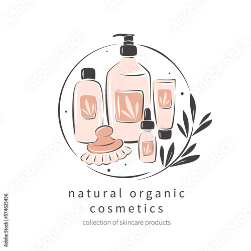 Set of skincare products. Natural organic cosmetic products in bottles, tubes. Minimalistic logo for store cosmetics products body and hair care. Vector illustration