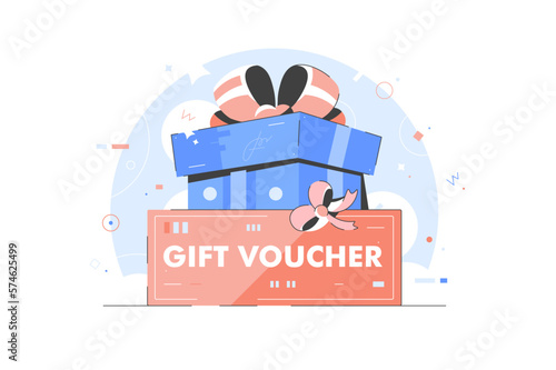 Big gift voucher coupon with present box and confetti. Store promotion poster - flat isolated vector illustration. Colorful Gift card discount coupon 