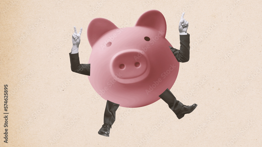 Funny piggy bank character with human arms and legs Stock