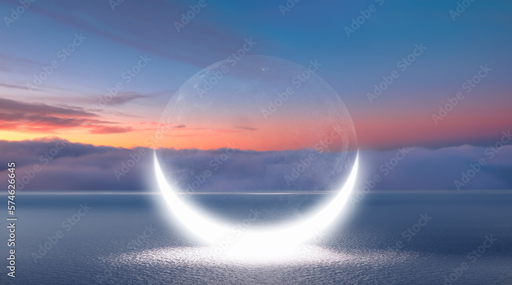 Abstract background of with crescent moon over the sea at sunset - obrazy, fototapety, plakaty 