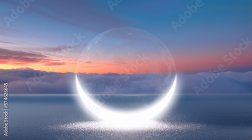 Photographie Abstract background of with crescent moon over the sea at sunset