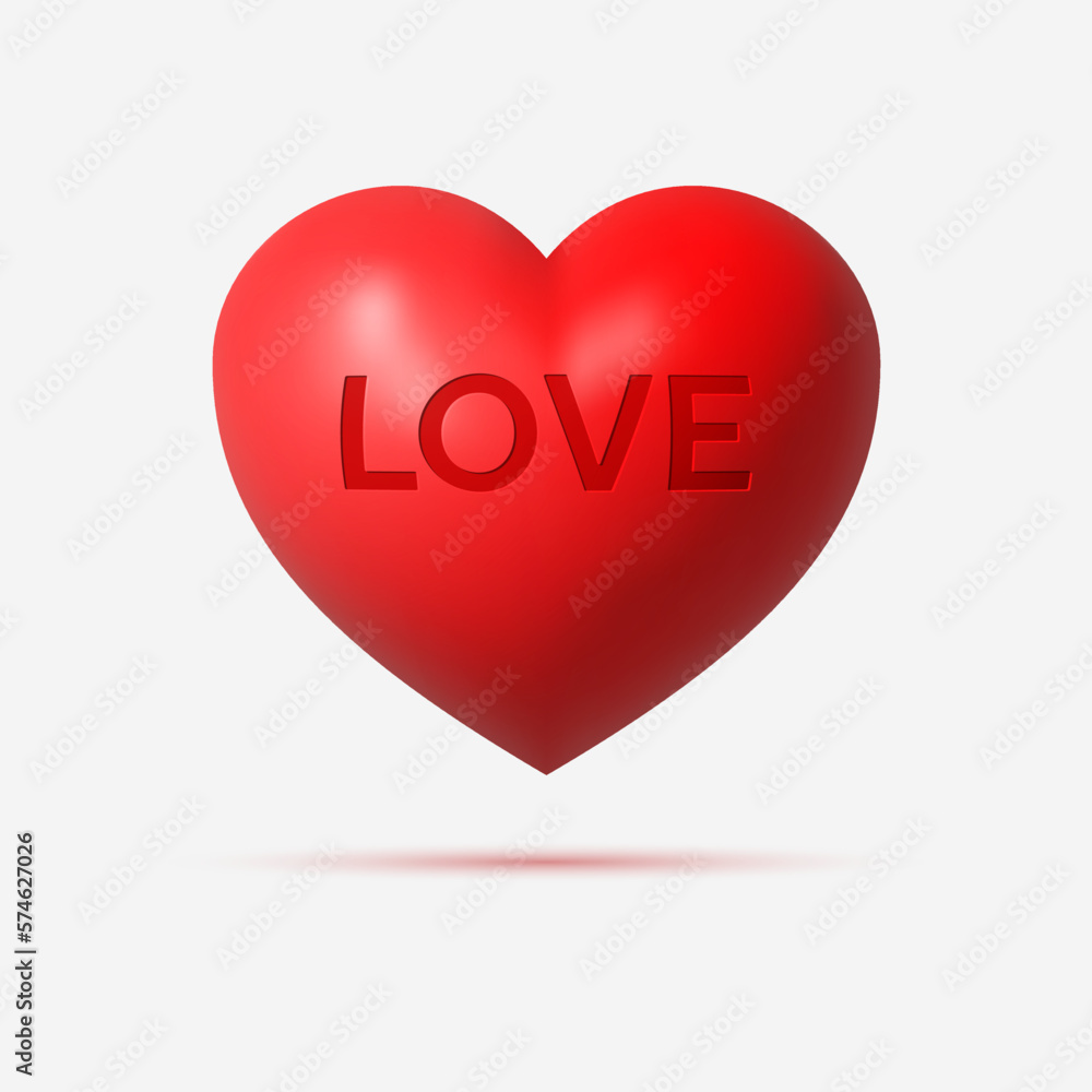 Realistic red heart with the inscription love. Vector 3d illustration.