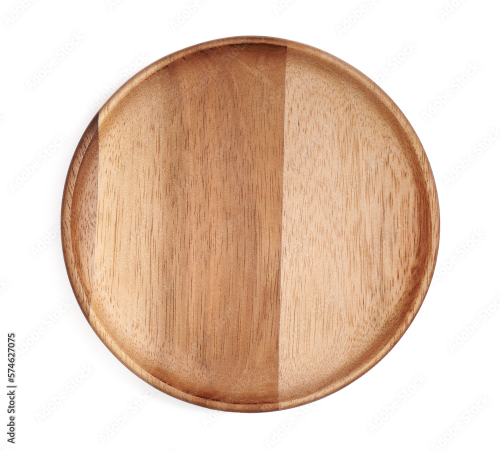 Wooden plate on white background, top view Wooden plate on white background, top view