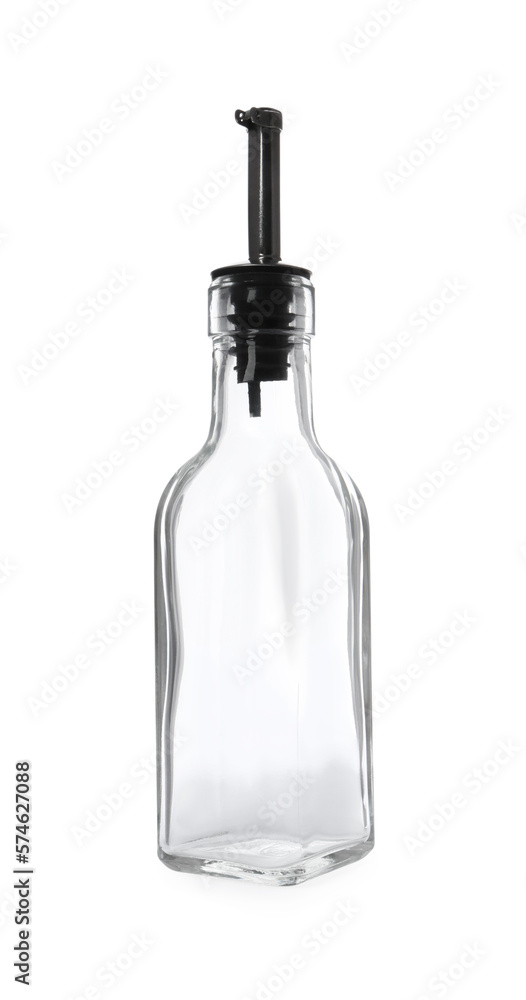Empty glass bottle with pump for oil on white background Empty glass bottle with pump for oil on white background