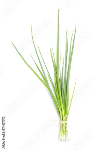 Tied bunch of fresh green spring onions on white background, top view
