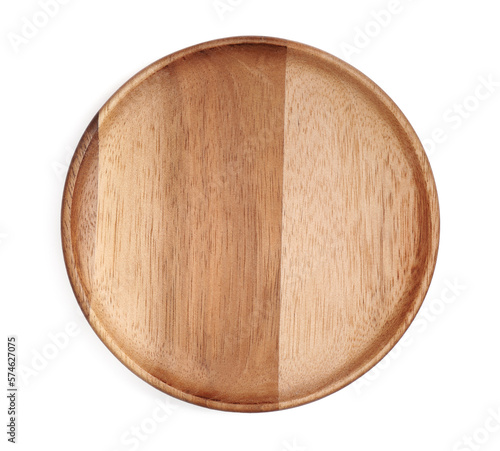 Wooden plate on white background, top view