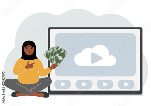A woman holds paper banknotes in his hand, next to a computer with a video. Freelancer, earning money, working on the Internet, training, coaching, business, remote work.