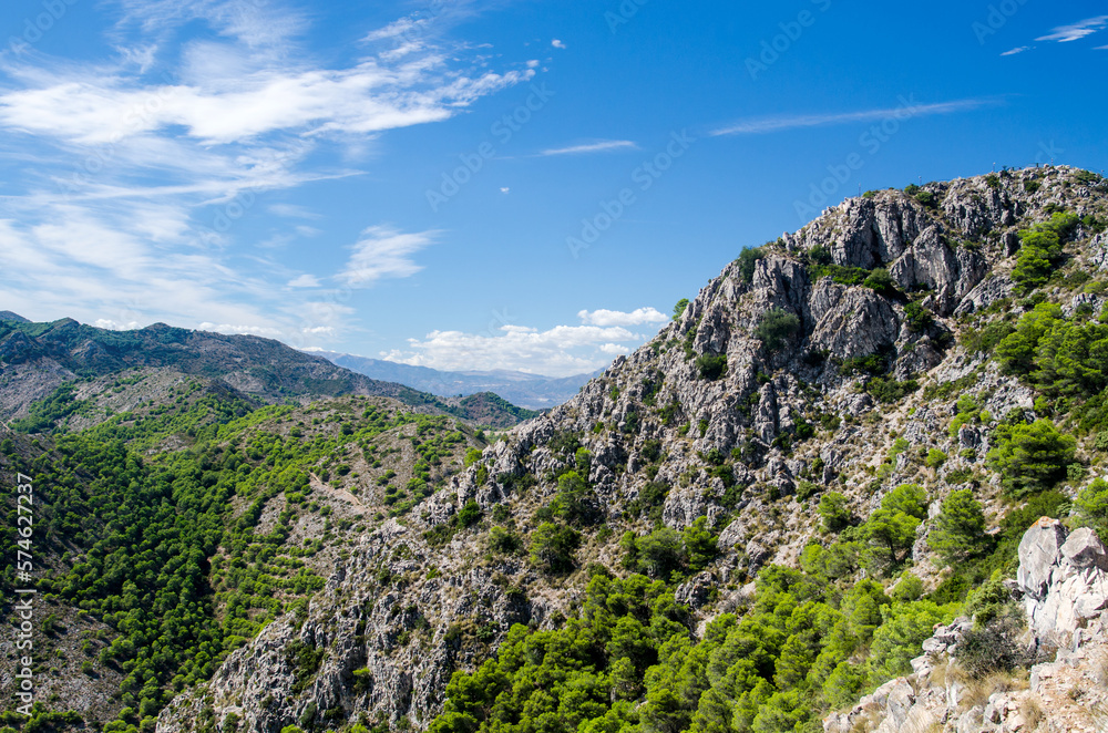 Beautiful landscape with blue sky and Calamorro mountain near Benalmadena town, Costa del Sol, province of Malaga, Andalusia, Spain.