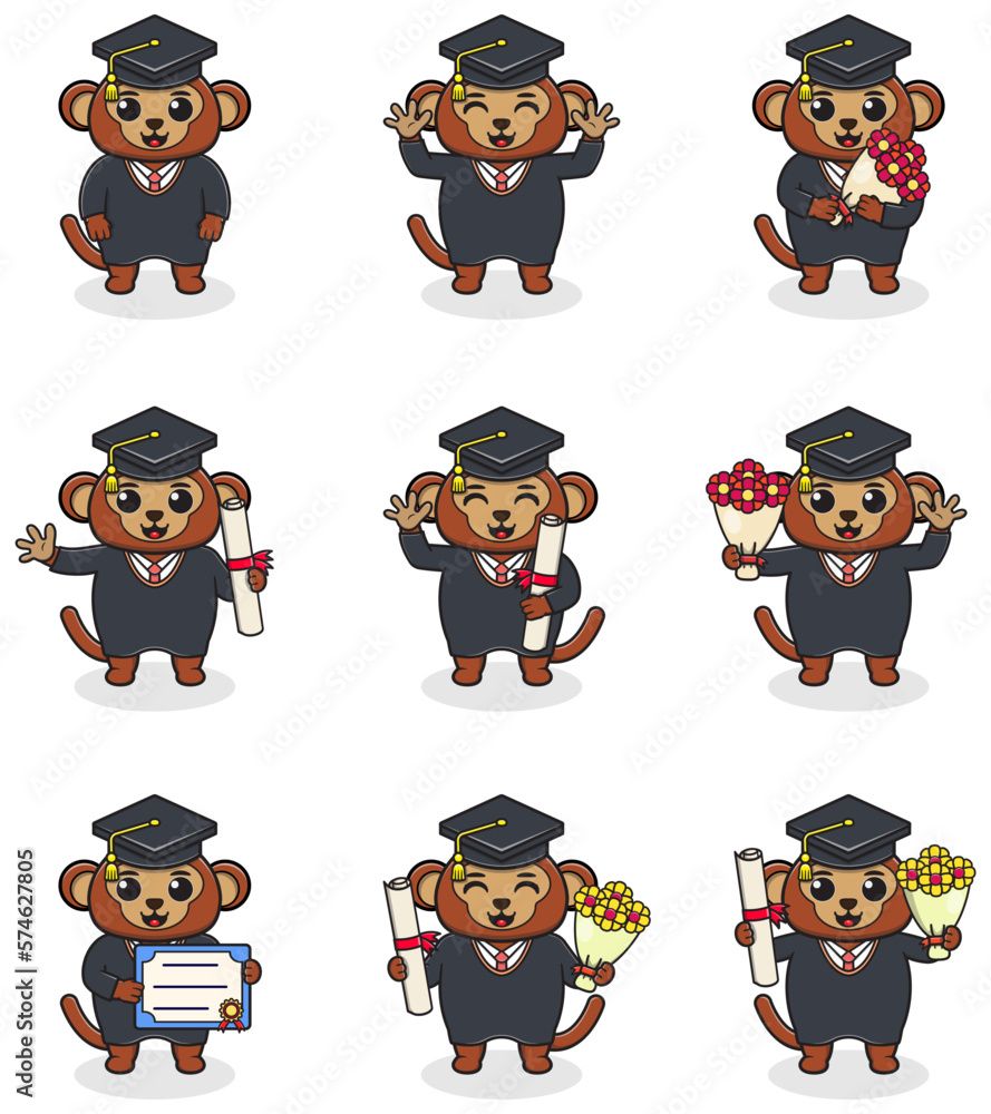 Cute cartoon Monkey in graduate hat on white background. Vector Set of Cute Graduation Themed Monkey . Illustration symbol mascot character animal. Design flat cartoon. Cute cartoon Monkey in graduate hat on white background. Vector Set of Cute Graduation Themed Monkey . Illustration symbol mascot character animal. Design flat cartoon.