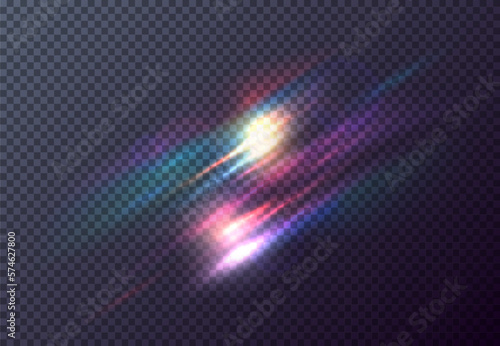 Vector red front sun lens flare transparent special light effect. Abstract in motion flare blur glow glare. Isolated transparent background design element. Star flash with rays and spotlight