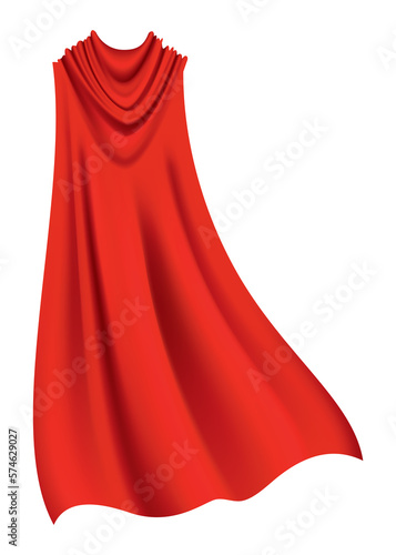 Superhero red cape in back view. Scarlet fabric silk cloak. Mantle costume or cover cartoon illustration