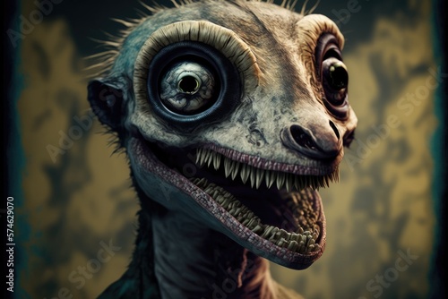 Creepy illustration close up portrait of mutant zombie monster meerkat with sharp teeth and dead looking eyes. AI generative