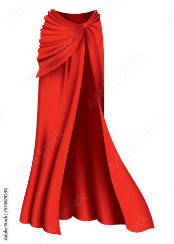Superhero red cape in front view. Scarlet fabric silk cloak. Mantle costume or cover cartoon illustration