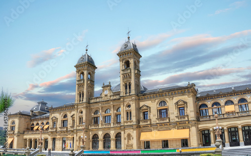 City hall in San Sebastian (Donostia) on a beautiful summer vacation day with some cloud in the sky. 