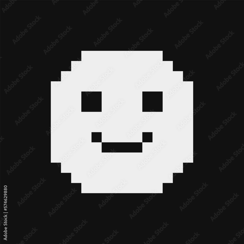 Slightly smiling face, smiling emoticon, emoji, smiley. Pixel art style. Funny cartoon character. Web icon. Facial expression. 1-bit style. Isolated abstract vector. Slightly smiling face, smiling emoticon, emoji, smiley. Pixel art style. Funny cartoon character. Web icon. Facial expression. 1-bit style. Isolated abstract vector.