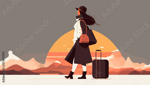 Adventure travel flat vector illustration of woman with baggage 
