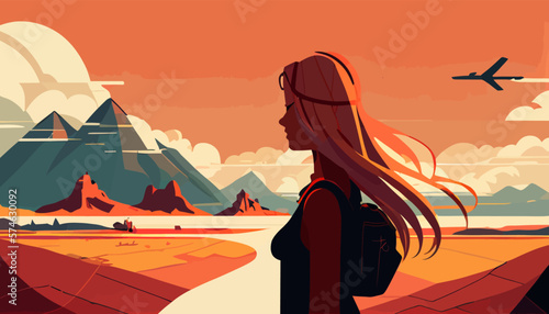 Adventure travel flat vector illustration of woman with baggage 