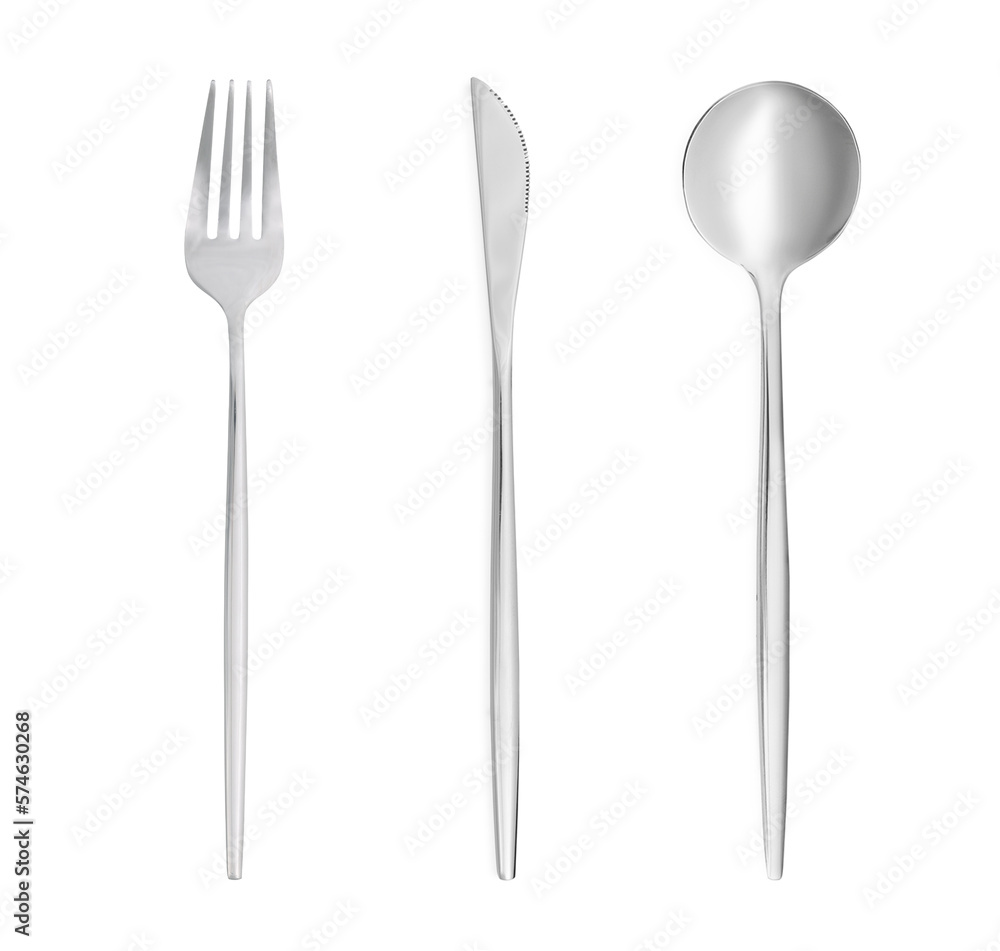 Shiny silver cutlery set on white background, top view Shiny silver cutlery set on white background, top view