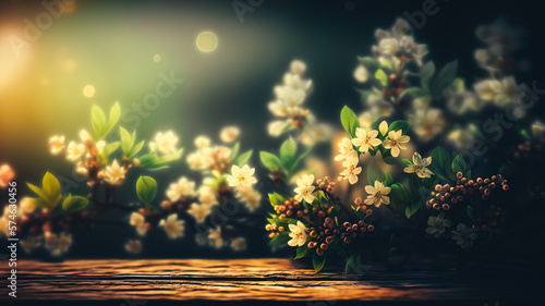 Blossoms On Wooden Table In Green Garden With Defocused Bokeh