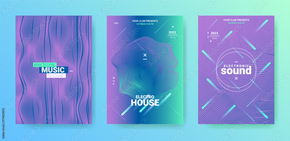 Geometric Edm Party Flyer. Techno Music Dance Cover. Electronic Sound Banner. Abstract 3d Background. Vector Edm Party Flyer. Minimal Festival Illustration. Gradient Wave Movement. Edm Poster Set.