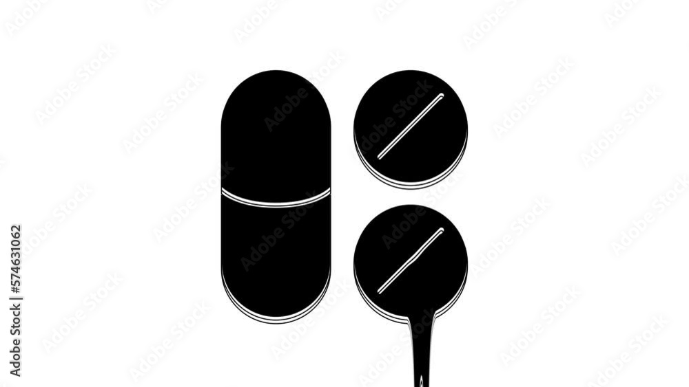 Black Toothache painkiller tablet icon isolated on white background. Tooth care medicine. Capsule pill and drug. Pharmacy design. 4K Video motion graphic animation Black Toothache painkiller tablet icon isolated on white background. Tooth care medicine. Capsule pill and drug. Pharmacy design. 4K Video motion graphic animation