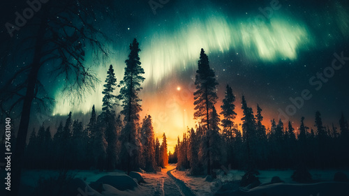 The Aurora Northern Lights flicker in the winter night sky above a forest