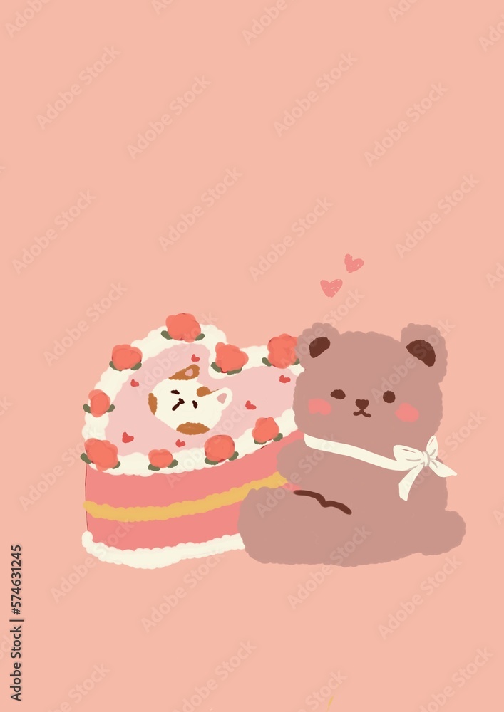 Cute brown teddy with a cake Cute brown teddy with a cake
