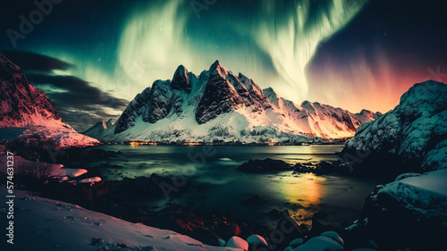 Aurora borealis. Green northern lights above mountains © v.senkiv
