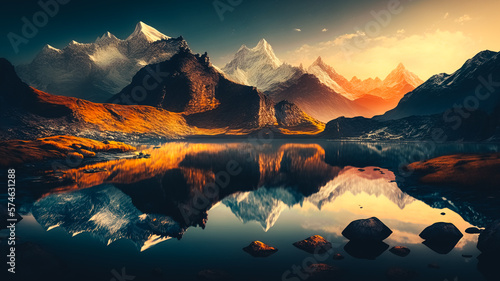 Beautiful landscape with high rocks with illuminated peaks