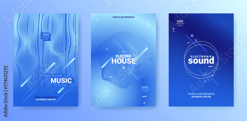 Abstract Techno Sound Flyers. Electro Music Cover. Party Dance Poster. Vector Edm Background. Techno Sound Flyer Set. Futuristic Fest Banner. Gradient Wave Round. 3d Techno Sound Flyer.